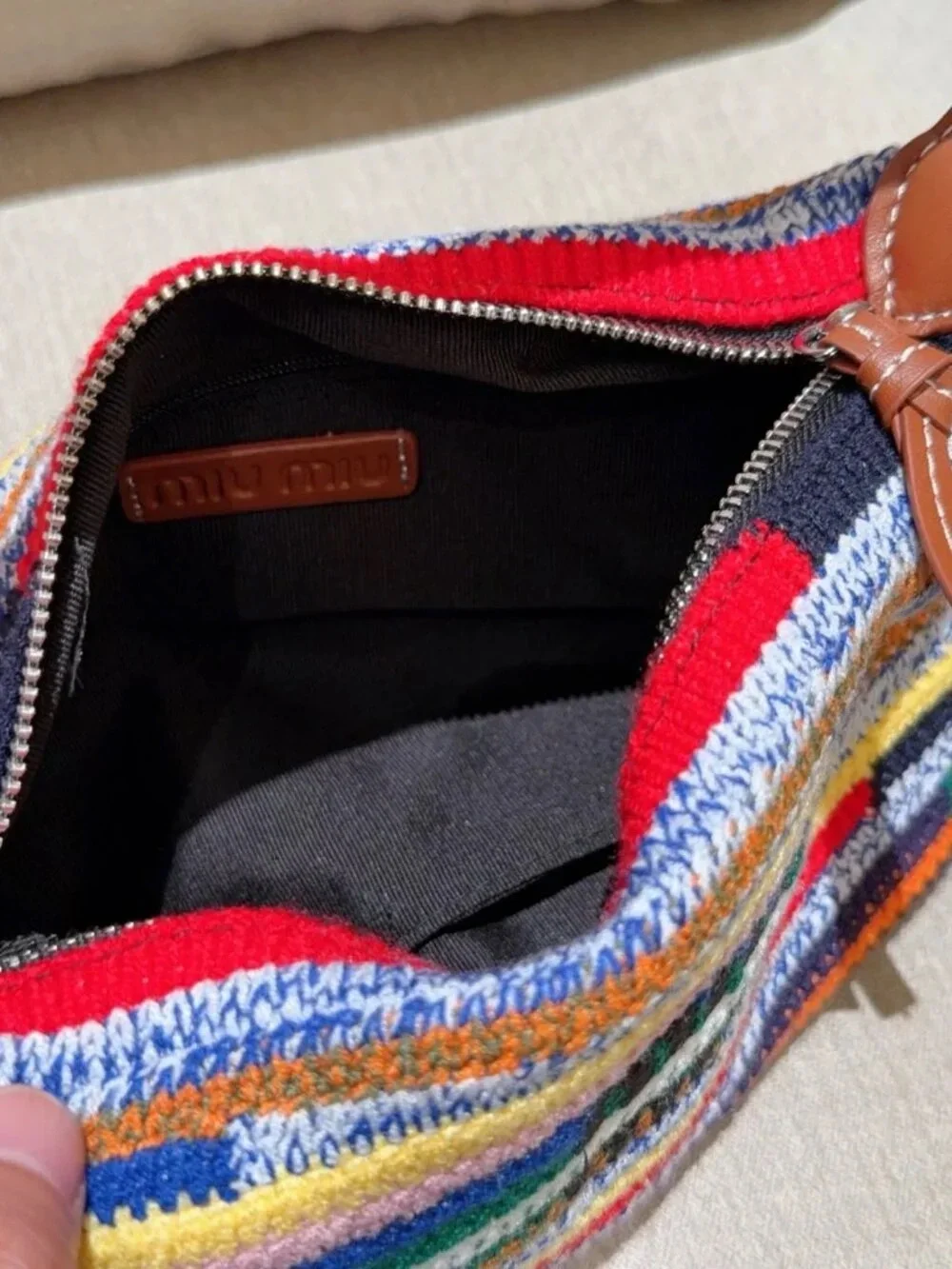 Miu Miu Multicolor Striped Crochet Shoulder Bag with Brown Leather Strap